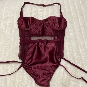 Victoria’s Secret wine colored satin and mesh bodysuit lingerie